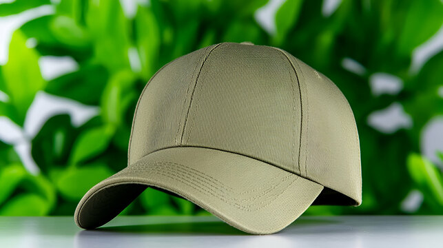 A stylish olive green baseball cap rests on a surface with a vibrant green leaf background, showcasing a modern design.