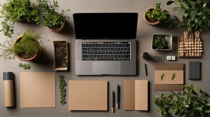 Fototapeta premium A flat lay featuring sustainable branding essentials: eco-friendly business cards,