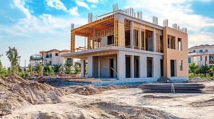 Modern house under construction.  Wooden frame and concrete foundation visible.