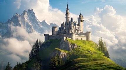 Fairytale castle perched atop a lush green hill, majestic mountains and clouds in the background.