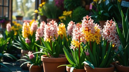 A vibrant display of delicate pink and yellow hyacinths in terracotta pots, showcasing the beauty of spring blooms and the joy of a flourishing garden.