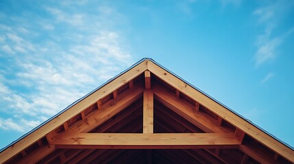 Wooden roof beams against a bright blue sky.  New construction.