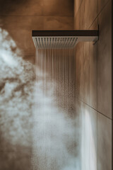 Steaming bathroom scene with rainfall shower head in clean minimal aesthetic and light rays illuminating dim relaxing space