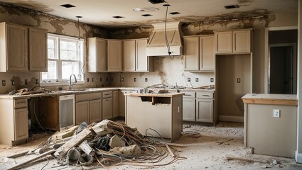 Abandoned kitchen showcasing wear and chaos from renovation work.