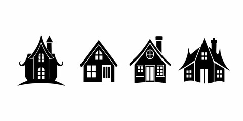 Charming House Silhouettes - Set of Four Unique Home Icons in Black and White