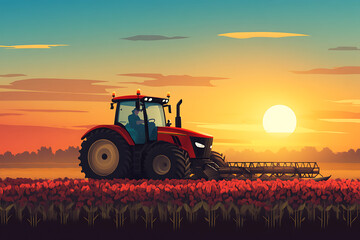 Fototapeta premium A tractor working in a field during sunset, symbolizing agriculture and rural life.