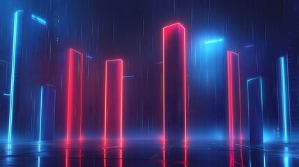 Neon cityscape at night, glowing red and blue towers reflecting in the wet street.