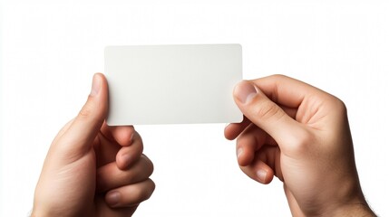 Obraz premium Hands holding a blank credit card or business card in a minimalistic setting