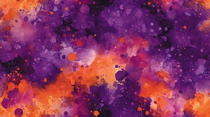 Seamless pattern of vibrant purple and orange watercolor ink splashes ideal for fabric design and art projects