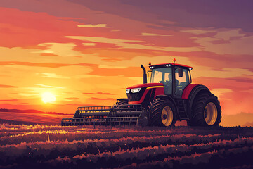 Obraz premium A tractor working in a field during a vibrant sunset.