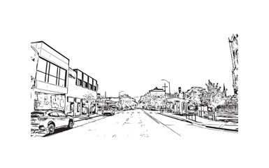 Print Building view with landmark of Vancouver is the city in USA. Hand drawn sketch illustration in vector.