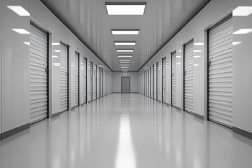 Fototapeta premium Clean Hallway with Overhead Lighting and Storage Units
