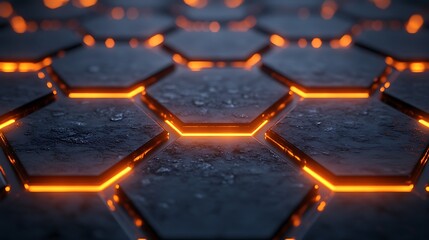 Obraz premium Modern Dark Hexagonal Titanium Plate Design with Illuminated Edges in a Futuristic Style, Perfect for Abstract Backgrounds and Technology Themes