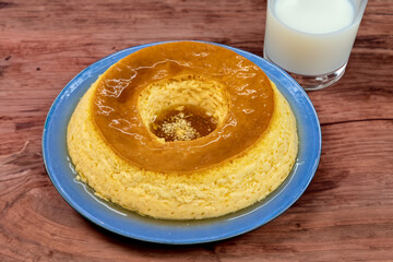Milk ans eggs Pudding or Pudim de leite. Brazilian dessert homemade caramel custard pudding. Traditional brazilian flan 