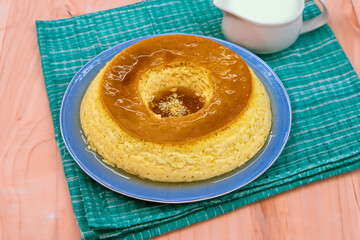 Milk ans eggs Pudding or Pudim de leite. Brazilian dessert homemade caramel custard pudding. Traditional brazilian flan 