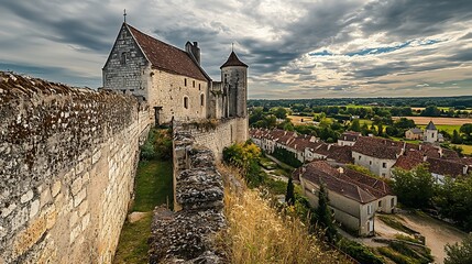 Stone castle overlooking quaint village.  Historic architecture under a dramatic sky.