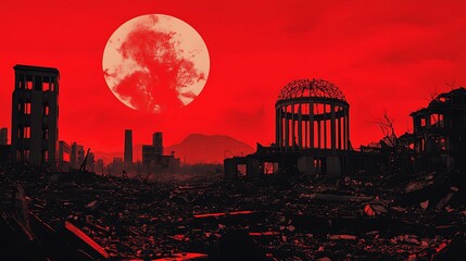 A haunting silhouette of a destroyed city under a crimson moon.