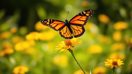 Obraz premium A monarch butterfly perches on a yellow flower, its wings spread wide, surrounded by a sea of blurred yellow blossoms and vibrant green foliage.