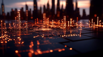 A stylized holographic map with glowing data points, representing global statistics