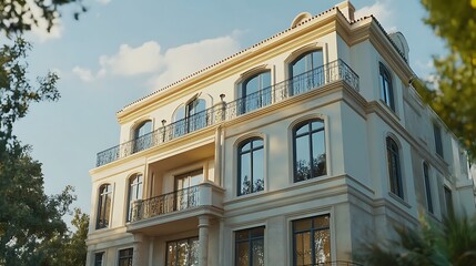 Obraz premium Elegant cream-colored house with balconies and large windows, under a bright sky.