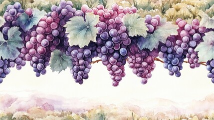 Seamless watercolor illustration of a serene vineyard scene featuring lush grapevines ideal for decorative textiles and home decor