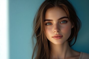 Fototapeta premium Peaceful Asian Woman Long Hair, Freckles, Clear Complexion
