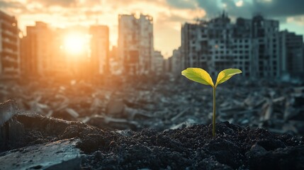 A tiny sprout emerges from the rubble of a war-torn city, a symbol of hope and resilience.
