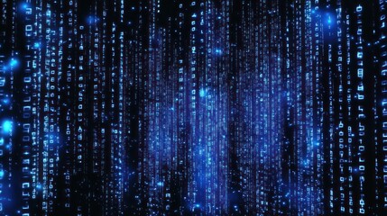 Blue binary code background with falling numbers data