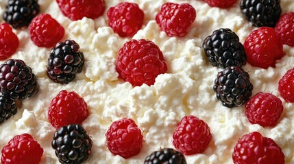 Cottage cheese topped with fresh raspberries and blackberries creates a beautiful contrast of colors and textures