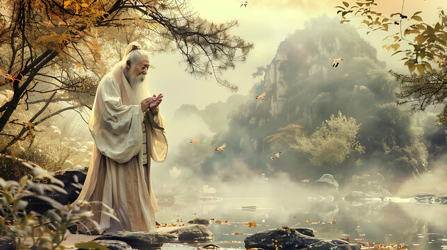 ancient chinese wisdom, ancient chinese man by a stream imparts wisdom on self-reliance and independence, teaching to trust oneself over others