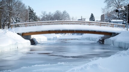 Snowy Winter Scene with Wooden Bridge Over Frozen River
