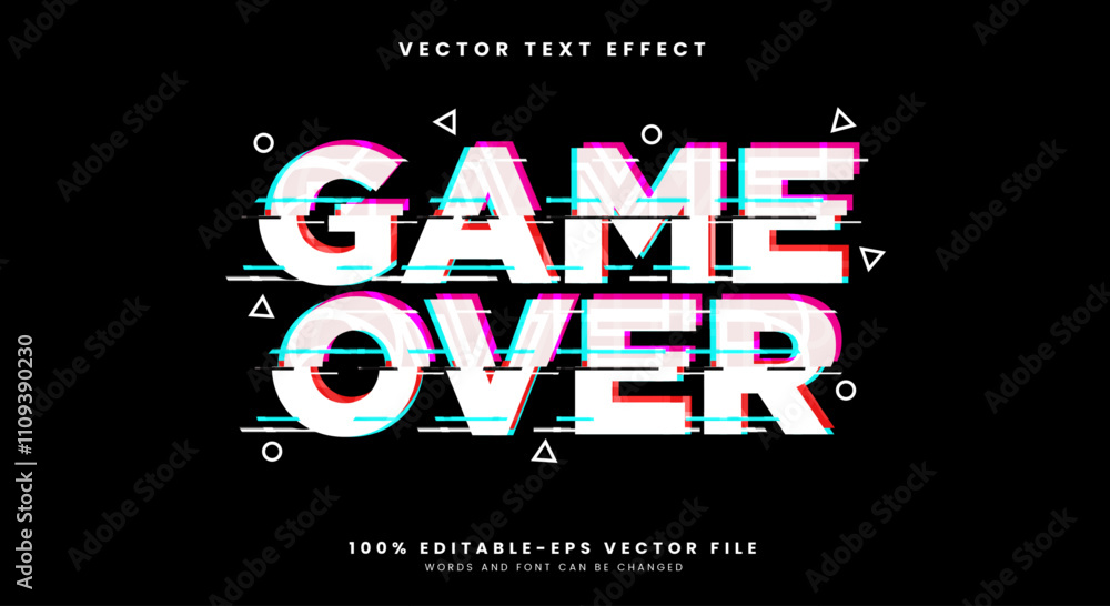 Poster game over glitch style 3d editable text effect template with gaming theme