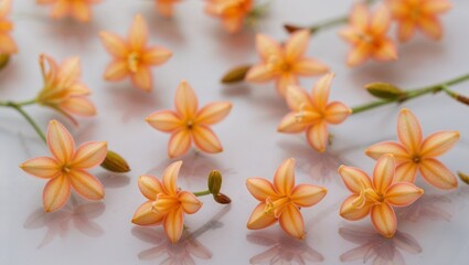 Obraz premium A picturesque arrangement of soft pink flowers on a light surface.