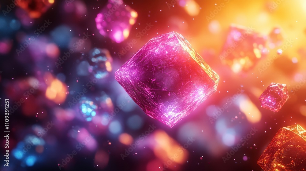 Poster abstract composition of colorful crystals floating in a dreamlike space environment with ethereal li