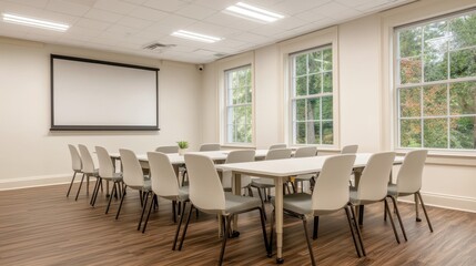 Modern Conference Room with Long Tables and Large Windows