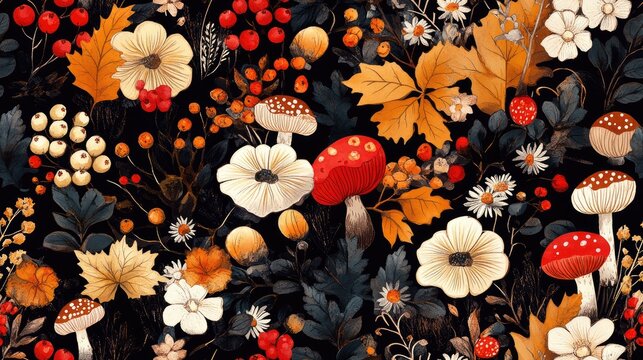 Seamless autumnal pattern featuring flowers mushrooms berries twigs leaves and pumpkins ideal for cards and invitations