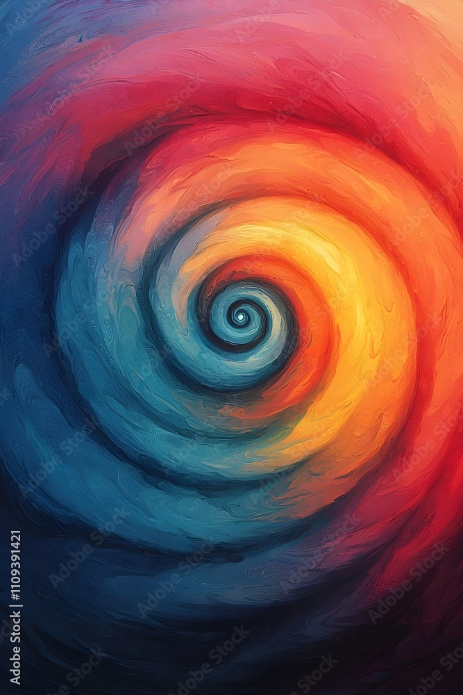 Poster a mesmerizing spiral pattern blending vibrant red, orange, and blue colors, creating a dynamic sense