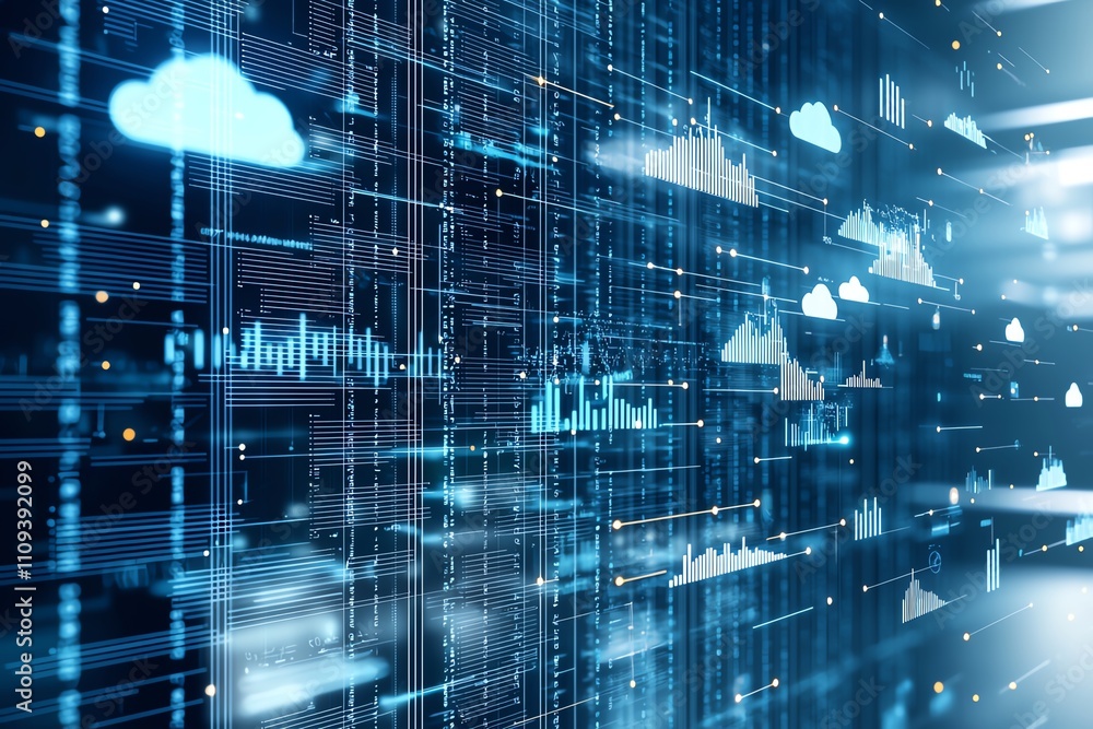 Poster abstract digital background showcasing cloud computing technology. features data streams and graphic