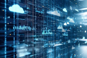 Obraz premium Abstract digital background showcasing cloud computing technology. Features data streams and graphical representations of clouds and analytics, perfect for modern tech visuals.