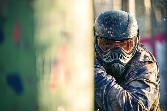 Paintball player in mask and camo peers around obstacle