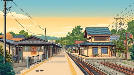 Tranquil Japanese countryside train station at sunset. Warm colors and peaceful atmosphere.