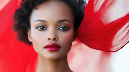 Elegant portrait of a woman with red drapery accents. Skin care concept, beauty photography, fashion, beauty and make up portrait
