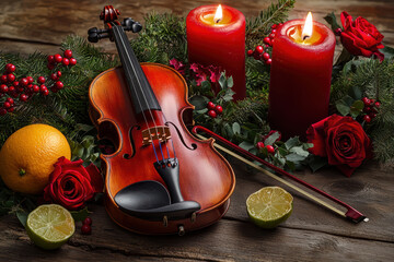 Fototapeta premium An elegant violin decoration featuring beautiful candles and vibrant roses for any occasion