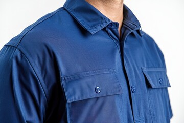 Close-up of blue uniform shirt with buttoned pockets. Design template, print presentation mockup, empty