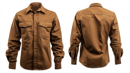 Brown long sleeve button-up shirt front and back view fashion clothing apparel design. Design template, print presentation mockup, empty