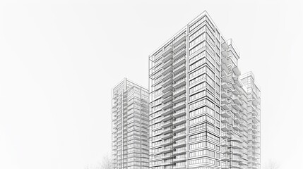 Fototapeta premium A clean architectural sketch illustrating modern skyscrapers with detailed balconies and glass panels, emphasizing urban development and contemporary design. AI generated.
