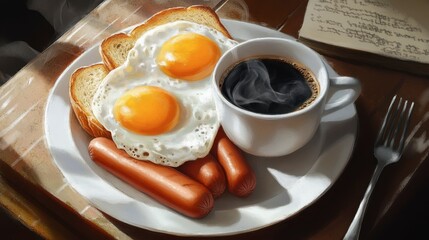 Breakfast Plate with Eggs, Toast, Sausages, and Coffee in Morning Light