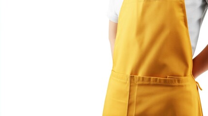 Person in yellow apron against white background: simplicity in design. Design template, print presentation mockup, empty