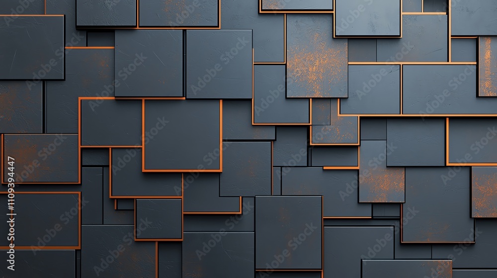 Poster abstract geometric pattern with layered rectangles in shades of dark blue and orange trim, ideal for