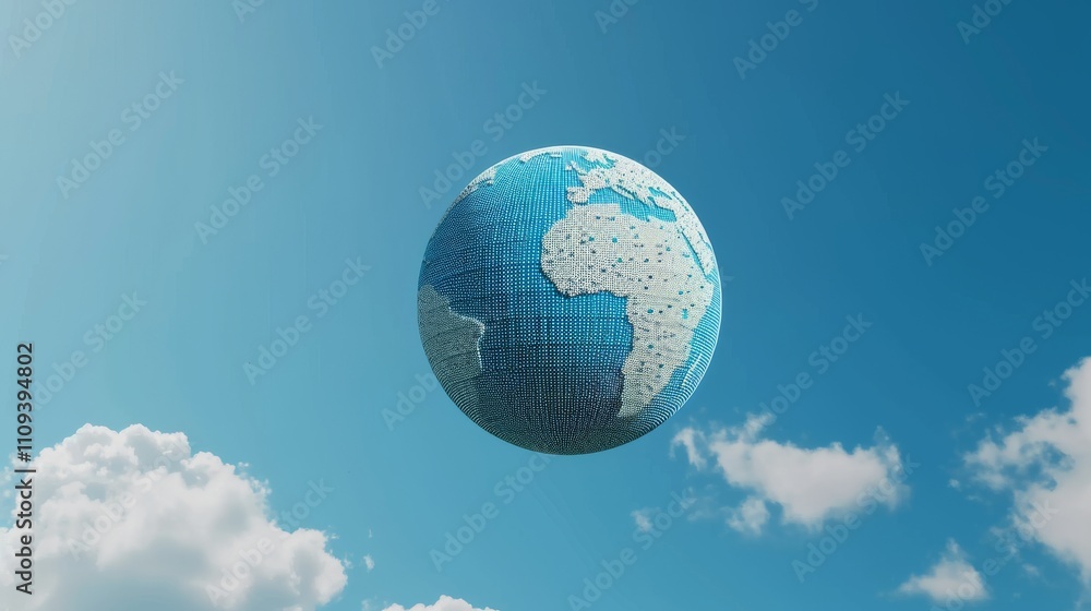 Poster digital representation of earth with a grid-like futuristic design, displaying continents and oceans